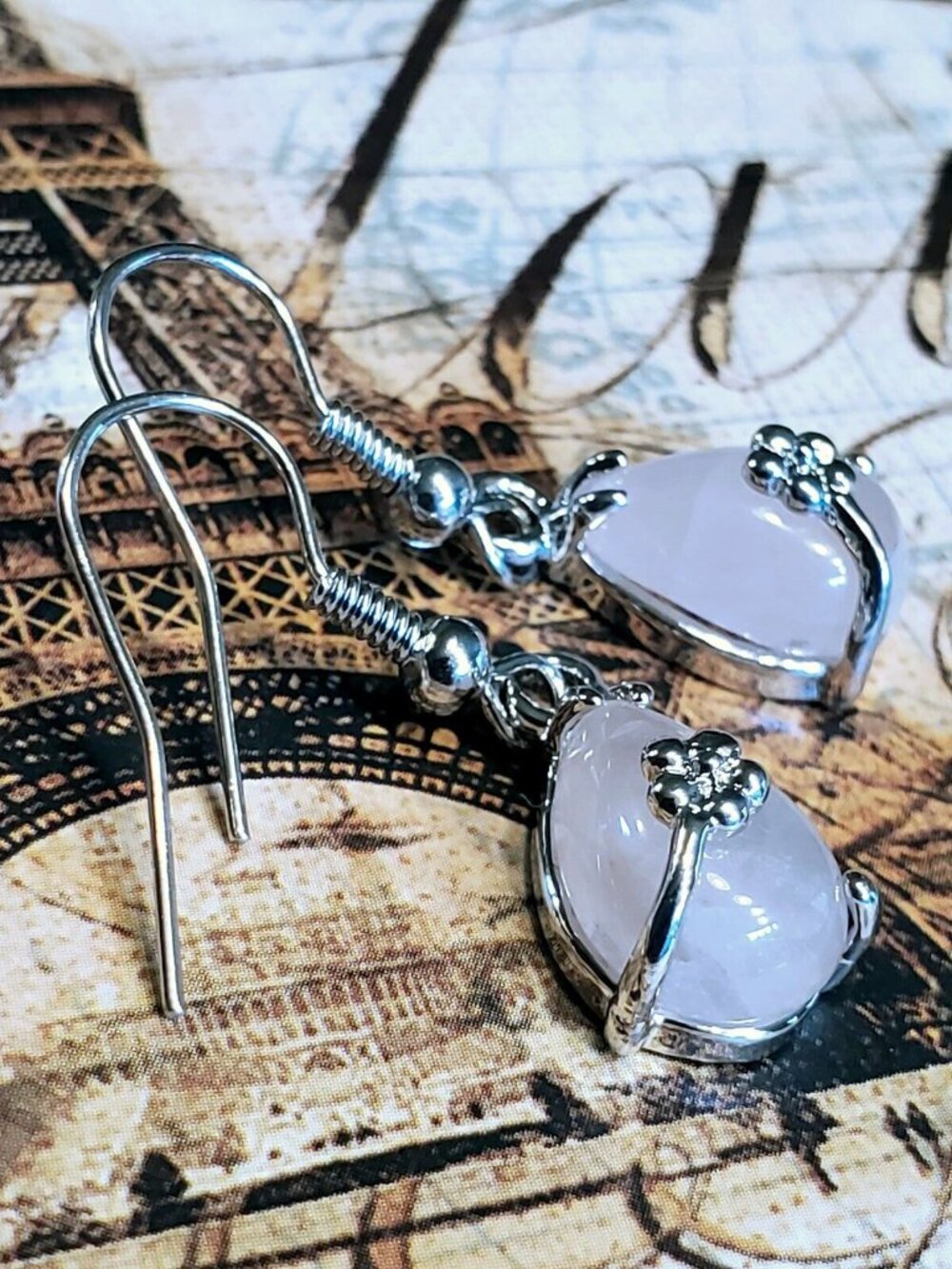 Little Teardrop Rose Quartz Gemstone Platinum Plated Handcrafted Earrings - Picture 2 of 10